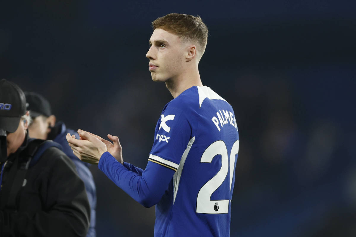 Cole Palmer pictured applauding the fans at Stamford Bridge after Chelsea beat Newcastle United 3-2 in the Premier League in March 2024
